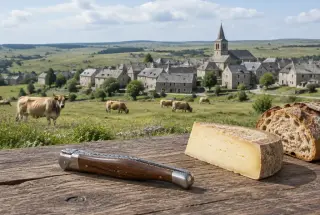Couteau pliant et fromage sur une table en bois devant le village de Laguiole et les prairies de l’Aubrac
