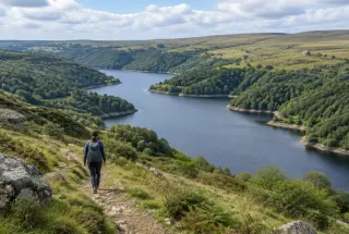 Vue du lac de Sarrans encaissé dans une vallée boisée, avec un sentier de randonnée et les prairies ouvertes de l’Aubrac à l’arrière-plan.